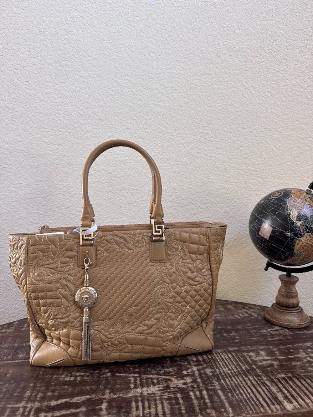 Versace Vanitas Beige Quilted Leather Tote Medusa Tassel + COA